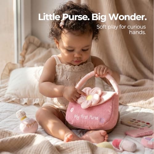 Teether Phone, Wooden Keys & Car Key, Soft Baby Purse with Mirror & Crinkle Card, Sensory Pretend Play, 1 Year Old Girl Gifts let's make My First Baby Purse, 10 Pcs Sensory Toy for Baby & Toddler Girls B0H151K19V