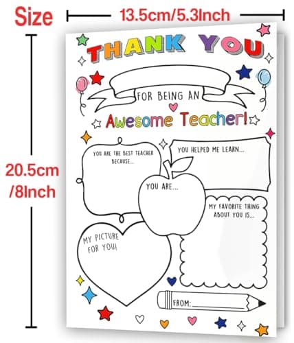Fill in the Blanks,Teacher Thank You Gifts Idea from Kids Students with Envelopes,Premium 8x5.3 Inch Cardstock,Blank Inside Hongshan Thank You Card for Teacher,Funny Appreciation Card Gift Decoration B0DQC6YMVT