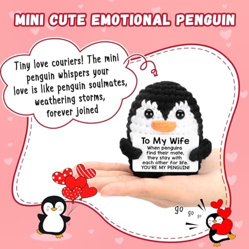 Gifts for Her Wife from Husband Birthday Christmas, To My Wife Handmade Crochet Emotional Mini Funny Penguin, Romantic Wedding Anniversary Valentines Gifts for Women Her, Small Cute Love Sign Decor