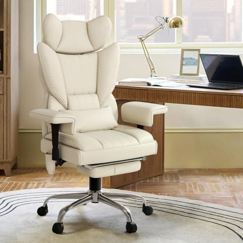 Massage Office Chair with Heat - 6 Points Vibration 400LBS Leather Reclining Office Chair with Lumbar Pillow, Adjust Headrest and Armrest, Executive Desk Chair for Home Office, Beige