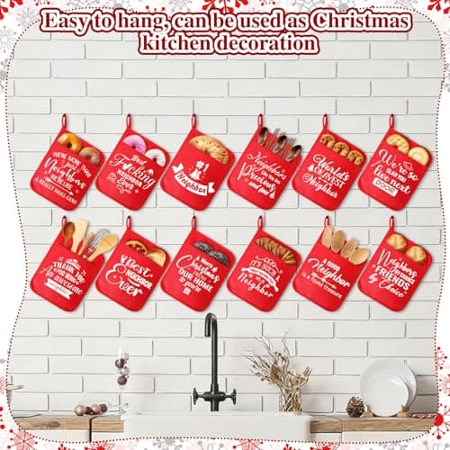 12 Pcs Christmas Neighbor Gifts Red Potholders with Pocket Pad Oven Hot Mitts Cookie Bag Pot Holder Christmas Kitchen Gift Cooking Baking for Neighbor Gift Housewarming Idea