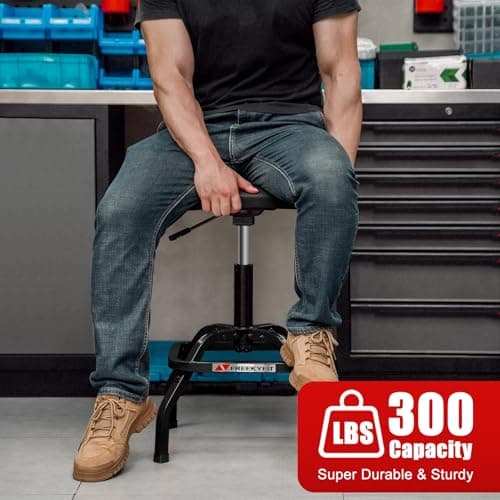 Shop Stool with Backrest, Mechanic Garage Stool for Workshop, Adjustable Shop Stools Chair, Padded Workbench Stools for Men Women, 300 LBS Capacity, 360° Swivel PVC Seat, Heavy Duty, Black