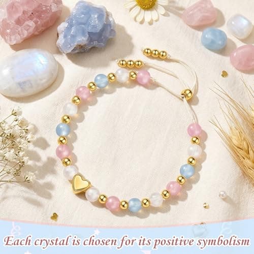 Natural Healing Crystal Bracelets, Aquamarine Moonstone Rose/Clear Quartz Adjustable Beaded Bracelet, Gifts For Teen Girls Sereney Birthday Gifts for Girls, 9-18 Year Old Birthday Crystal Bracelets B0GS1K1FNR