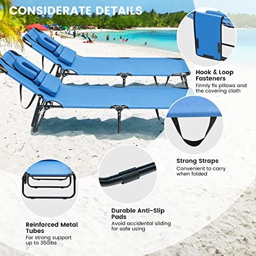 GYMAX Tanning Chair, 330lbs Beach Lounge Chair with Face Hole, Washable Pillow & Carry Strap, Adjustable Folding Chaise Lounge, Layout Lounger for Outside, Patio, Poolside, Lawn (1, Blue)
