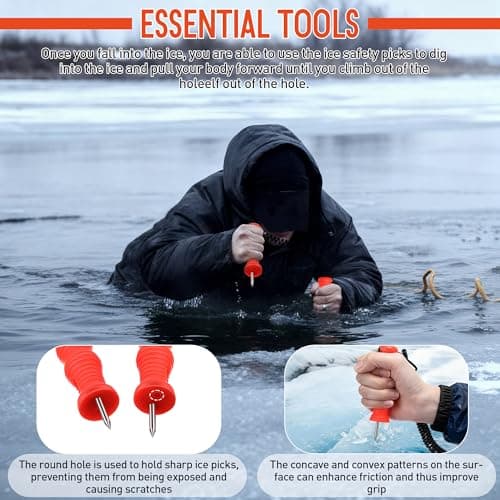 Gulfmew Ice Fishing Safety Kit, Durable Emergency Gear with Compact Ice Picks, One Pair of 8 Tooth Creepers for Boots, Whistle with Reflective Strips and Spring Line Cutting Scissors