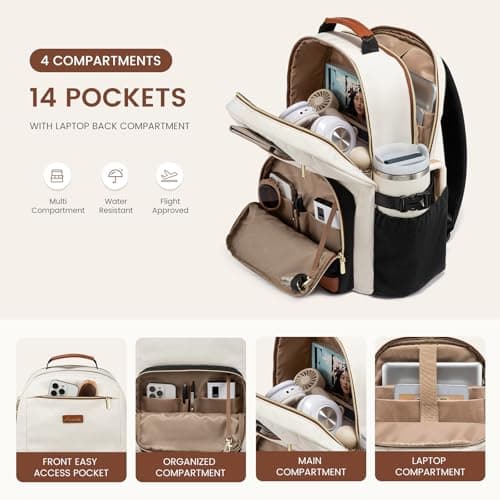 LOVEVOOK Laptop Backpack for Women with Pouch Pocket for Large Capacity Cup,15.6 Inch Laptop Computer Bag Travel Backpack Purse,Waterproof Work Business Backpack College Teacher Bags,Beige-Black-Brown