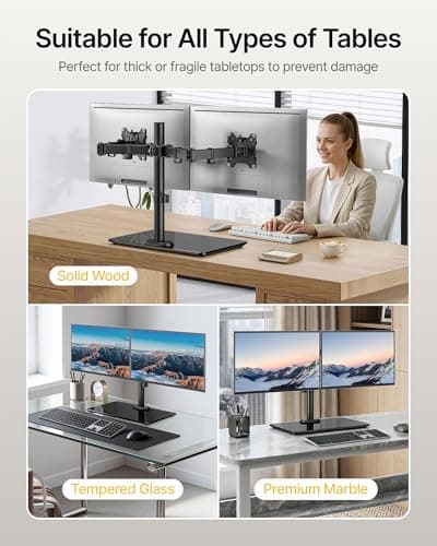 monTEK Freestanding Dual Monitor Stand with Sleek Glass Base for 17-32 inch Screens, Heavy-Duty Dual Monitor Mount Holds 22 lbs per Arm, Fully Motion Height Adjustable, VESA 75/100 MM