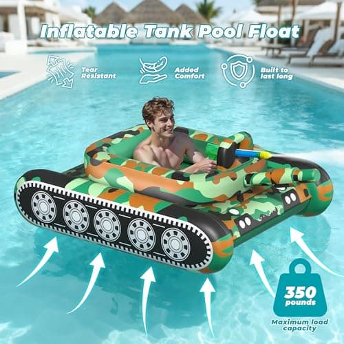 JOSEN Inflatable Tank Pool Float, Swimming Pool Floaties Tank with Water Cannon Gun, Swim Raft Water Battle Fun for Lake, Pool Party, Beach & Backyard for Adults-Green