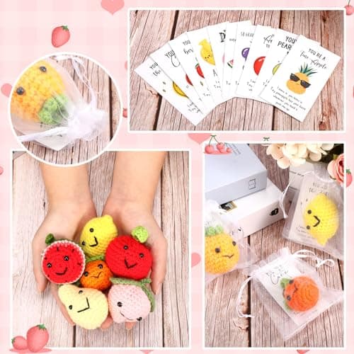 Shappy 10 Sets Inspirational Positive Fruit Toy Gift Cute Funny Wool Knitted Fruit Mini Employee Appreciation Gift Motivational Pun Card Organza Bag Classroom Team Vacation Party Favor for Student