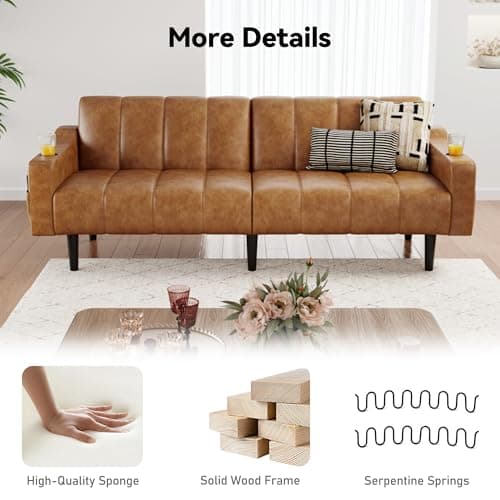 Brelice 80'' Leather Couch, Futon Sofa Bed, Faux Leather Couch with Adjustable Backrest, 2 Cup Holders & Side Pockets, Mid Century Modern Sofa for Living Room, Bedroom, Brown