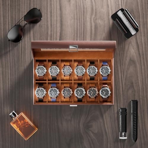 ProCase ProCase Watch Box Organizer, 12 Slot Watch Display Case With Glass Lid, Watch Storage Holder Mens Watch Case, Anniversary Birthday Valentine Gifts for Men Women -12 Slot, Brown