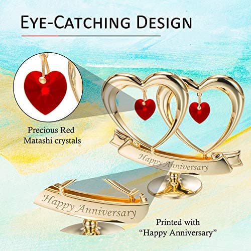Matashi 24K Gold Plated "Happy Anniversary" Double Heart Table Top Ornament With Red-Cut Crystals