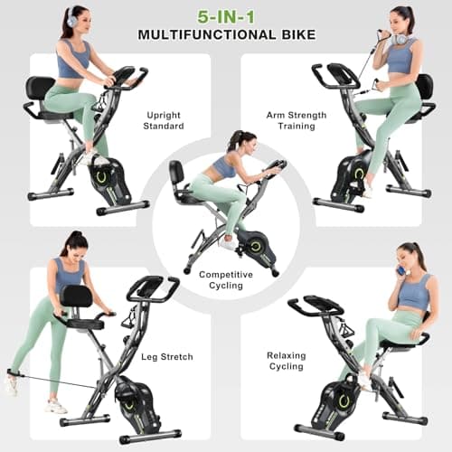 Exercise Bike, 5 in 1 Foldable Stationary Bike for Seniors, 16-Level Adjustable Magnetic Resistance, Indoor Workout Bike with 330LB Capacity, Comfortable Seat Backrest X-bike