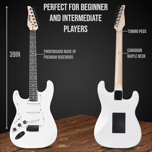 LyxPro CS 39” Left Hand Electric Guitar Kit for Beginner, Intermediate & Pro Players with Guitar, Amp Cable, 6 Picks & Learner’s Guide, Solid Wood Body, Volume/Tone Controls, 5-Way Pickup - White