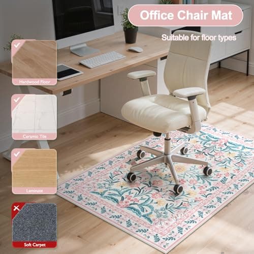 Anidaroel 36"x48" Office Chair Mat for Hardwood Floor, Boho Floral Floor Mat for Office Chair, Anti-Slip Desk Rug for Office, Low Pile Desk Chair Mats for Hardwood, Blush Pink Small Office Rug