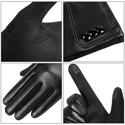 Kebesu Winter Fashion Leather Gloves for Women, Touch Screen Wool Lined Outdoor Windproof Warm Suede Driving Dress Gloves