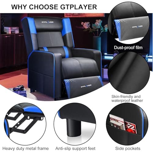GTPLAYER Gaming Recliner Chair for Living Room Racing Style Single PU Leather Gaming Sofa for Adults Modern Game Recliners Ergonomic Comfortable Home Theater Seating, Blue