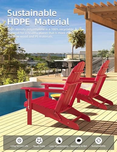 BUPPLEE Folding Adirondack Chair, 450 LBS Heavy Duty HDPE Poly Lumber Fire Pit Chair for Outside, All-Weather Resistant Plastic Adirondack Chairs for Patio, Garden, Deck & Backyard, Red