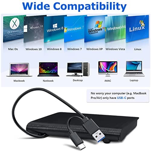 Haiway External DVD Drive, USB 3.0 Type-C CD Burner Portable CD DVD +/-RW Optical Drive Slim CD DVD ROM Rewriter CD/DVD Player Writer Reader for Laptop Desktop MacBook PC Windows Linux Mac OS (Black)
