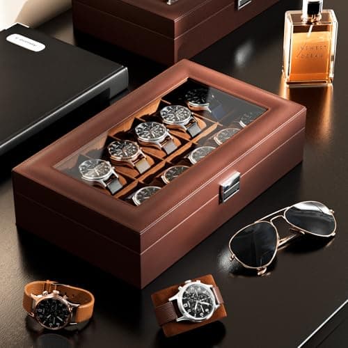 ProCase ProCase Watch Box Organizer, 12 Slot Watch Display Case With Glass Lid, Watch Storage Holder Mens Watch Case, Anniversary Birthday Valentine Gifts for Men Women -12 Slot, Brown