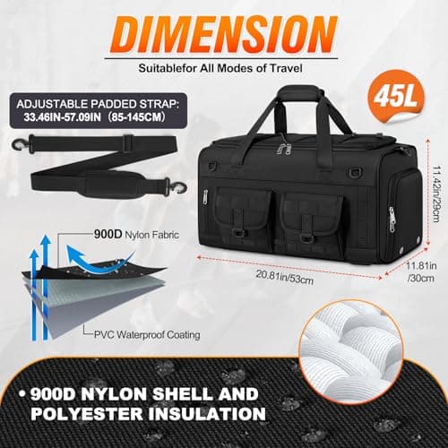 RAINSMORE Gym Bag for Men, 45L Large 3 in 1 Sports Duffle Bag with Shoes Compartment & Wet Pocket Water-Resistant Sports Travel Weekender Bag Multipurpose Carry On Overnight Tactical Backpack, Black