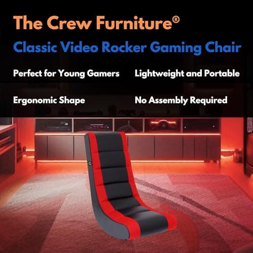 The Crew Furniture Classic Video Rocker Floor Gaming Chair, for Kids and Teens, PU Faux Leather & Polyester Mesh, Black/Red