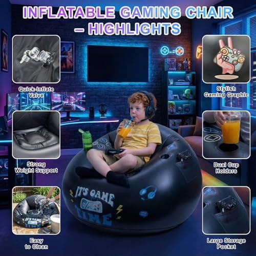 Inflatable Gaming Chair for Kids and Teens with Cup Holders and Side Pocket, Blow Up Bean Bag Gaming Chair for Boys, Comfortable Inflatable Lounge Seat for Gamer Room Decor and Boys Room Furniture