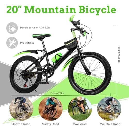 20 Inch Mountain Bike for Kids, Double Brake Bicycle High Carbon Steel Kids' Bicycles for Boys Girls Ages 8-12 Year Old