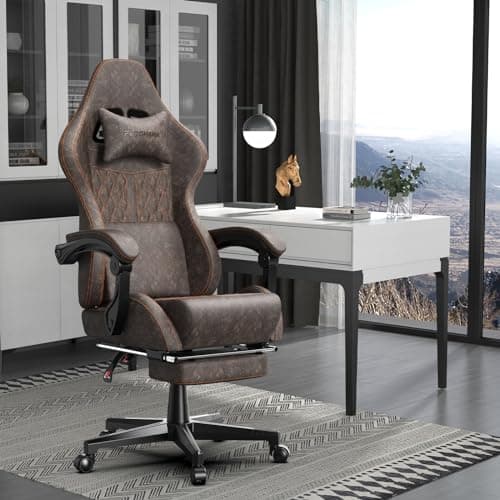 Ferghana Vintage PU Leather Gaming Chair, High Back Gamer Chair with Massage, Ergonomic Computer Office Chair with Footrest for Adults, Racing Style Reclining Video Game Chair Chestnut Brown