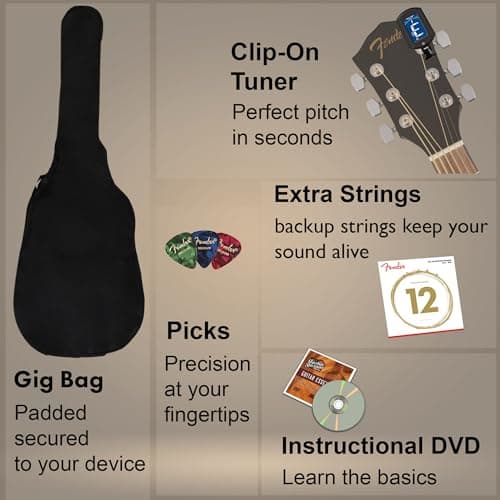 Fender Dreadnought Acoustic Guitar - Natural Bundle with Gig Bag, Tuner, Strings, Picks, and Austin Bazaar Instructional DVD