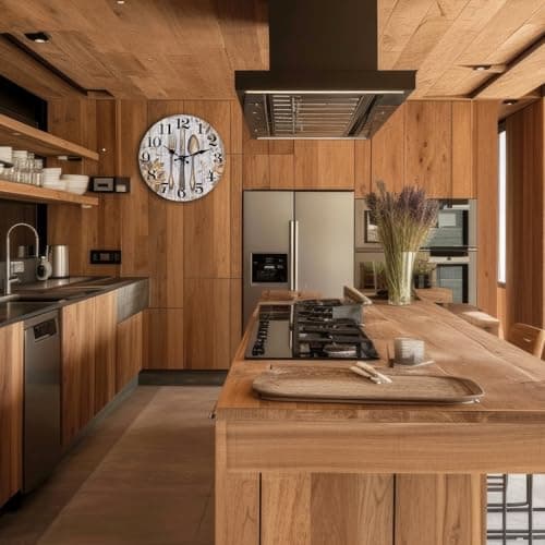 Keepcross Kitchen Wall Clock Fork & Spoon Cutlery Theme Rustic Modern Farmhouse Decor Glass Clock for Kitchen, Dining Room - 8 Inch, Battery Operated