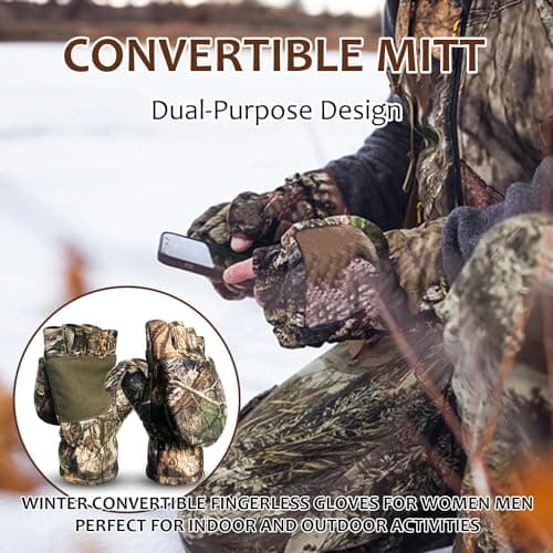 Favuit Camouflage Hunting Gloves Convertible Fingerless Mittens Pro Anti-Slip Windproof Camo Glove Archery Accessories for Hunting Camping Hiking Climbing Outdoors Gear