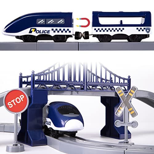 Train Sets for Toddlers, 66 Pcs Trains Toy with Battery Operated & Tracks (Magnetic Connection), Compatible with Thomas, Brio, Christmas Toy Gifts for 3 4 5 6 7 8 Years Old (Police)