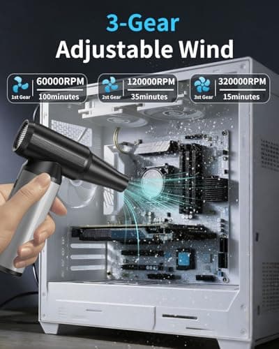 Compressed Air Duster, 2-in-1 Duster Blower & Vacuum with 320000RPM Super Power, Electric Air Duster Rechargeable, 3-Gear Adjustable Air Blower for Keyboard, Computer, Car, Home, and Outdoor Cleaning