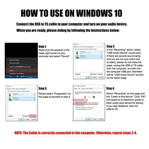 HOSONGIN USB Guitar Cable - USB Interface Male to 6.35mm 1/4" TS Mono Electric Guitar Converter Cable (10 Ft, Black)