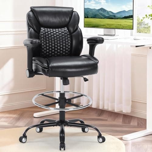 Drafting Chair, Tall Office Chair with Adjustable Armrests Mid-Back Standing Desk Chair with Footrest Ring, PU Leather High Executive Desk Chair Counter Height Office Chair for Home and Office, Black