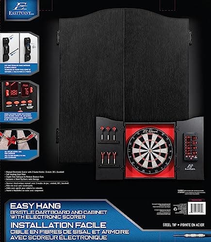 EastPoint Sports Tournament Bristle Dartboard and Easy Hang Cabinet with Electronic Scoreboard and 6 Steel Tip Darts