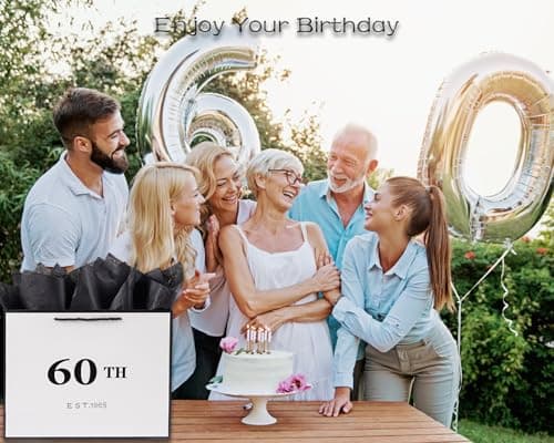 Jaywayang 60th Birthday White and Black Large Gift Bag with Card and Tissue Paper, Metallic Printing Keepsake Gift Vintage Bag for Men Women, 1965 Mom Dad 60 Year Old Party Paper Bag for Gifts Wrapping, Anniversary.