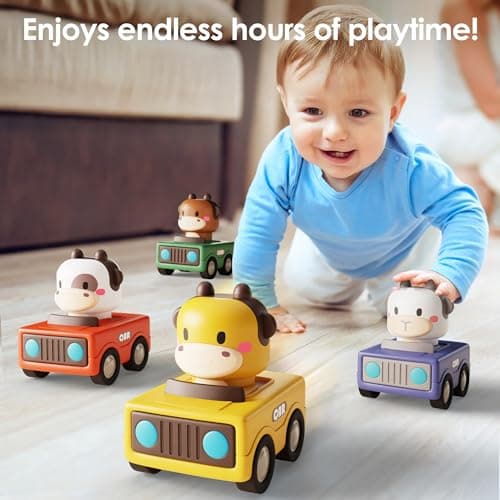 Infant Play Vehicle Set, Push Go Friction Car, Montessori Toy for 6-9-12-18 Months, 1st Birthday Gifts for 1-2 Years Old Girl iPlay, iLearn Baby Press to Go Car Toys for Toddlers 1-3, 1 Yr Old Boy Gift B0BTBV51KY