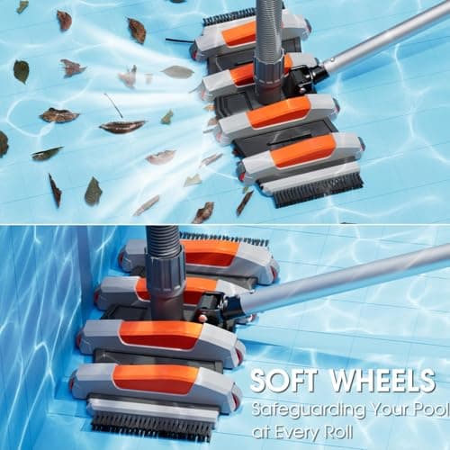 Heavy Duty Pool Vacuum Head with Swivel Handle -Extra-Wide 3.2LB Weighted Vac Heads Side Brush & Wheels for Vinyl Liner-Deep Cleaning for Inground & Above Ground Swimming Pool - Orange