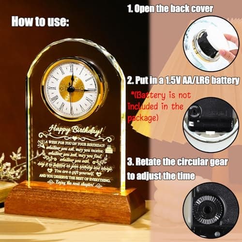 Unique Birthday Keepsake, Wooden LED Light Base, Presents for Daughter Son Mom Dad Granddaughter Friends, Home Office Decor Arikyrist Happy Birthday Gifts for Women Men Glass Quartz Clock for Him Her B0GJ4XSTVF