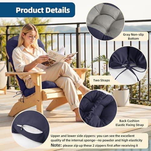 Adirondack Chair Cushion with Non-Slip & Waterproof, 44x19x4 Inch Thick High Back Rocking Chair Cushions Outdoor Indoor, One-Piece Patio Seat Cushion for Glider Porch Rocker Lawn Chair, Army blue