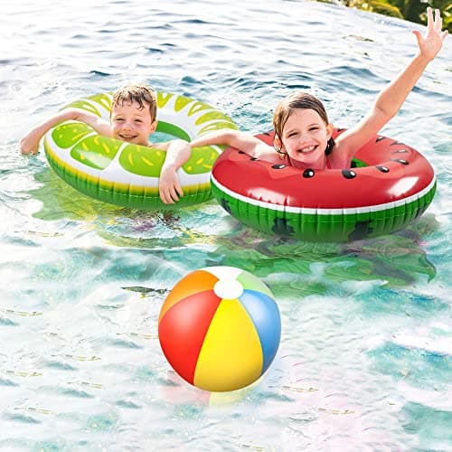 90shine 7PCS Fruit Pool Floats: Watermelon Kiwi Orange Lemon Swimming Rings with 13.5" Beach Balls - Inflatable Tubes Floaties Toys for Kids Adults