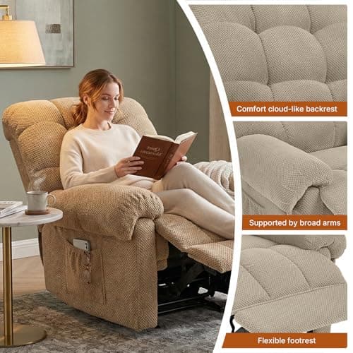 Comfy Recliner Chair for Elderly Seniors Adults, Overstuffed Manual Recliner, Ergonomic Back Pain Relief w/Pockets, Reading Apt Bedroom Living Room, Birthday Gift, Camel