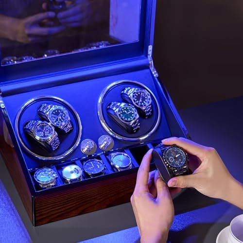 BEWISHOME BEWISHOME Watch Winders for Automatic Watches, Automatic Watch Winder Box Watch Spinner with LED Light, 4 Watch Winder with Quiet Running Motor and 6 Storage Case for Man/Woman's Watches, Brown SYQ01Y
