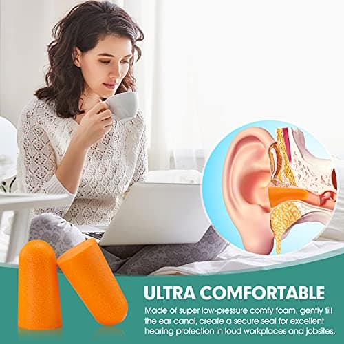 100 Pairs Orange Foam Ear Plugs - 33dB NRR Highest Protection, Soft & Comfortable Noise Canceling Earplugs for Sleeping, Work, Snoring, Construction, Loud Noise with Individual Bagged Foam EarPlug