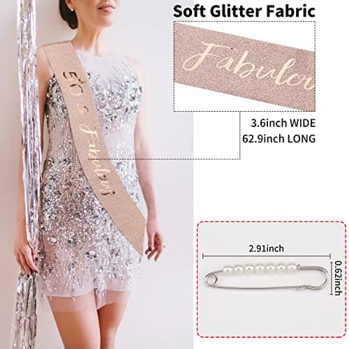 CIEHER 50th Birthday Crown + 50 & Fabulous Sash+Pearl Pin Set, Tiara, 50th Gifts, Decorationsfor Women Friends, Happy Party Favor Supplies