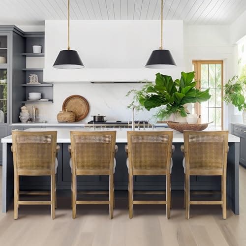 Madison Park Bar Stool with Rattan Back, Wood Counter Height Barstools, Farmhouse Stools with Open Arm Design, Mid-Century Modern Upholstered Bar Chair for Kitchen Island, 18.5" D x 18.5" W x 25.5" H