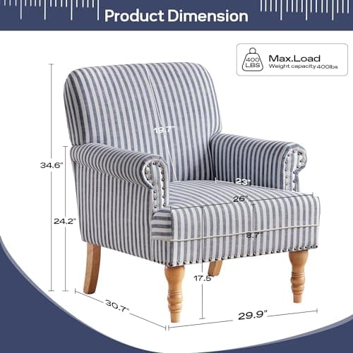 HUIMO Linen Fabric Accent Chair, Mid-Century Modern Armchair with Solid Wood Legs, Single Sofa Chair,Upholstered Reading Club Chair (1, Dark Blue and White Stripe)