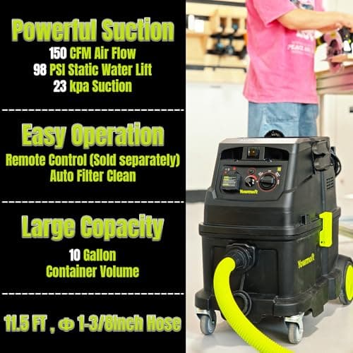 M Class 10 Gallon Dust Extractor for Woodworking with Auto Hepa Clean & Dust Indicator Light Dust Vacuum Extractor with 150CFM Airflow & Power Tool Connector for Workshop Construction (With Handle)